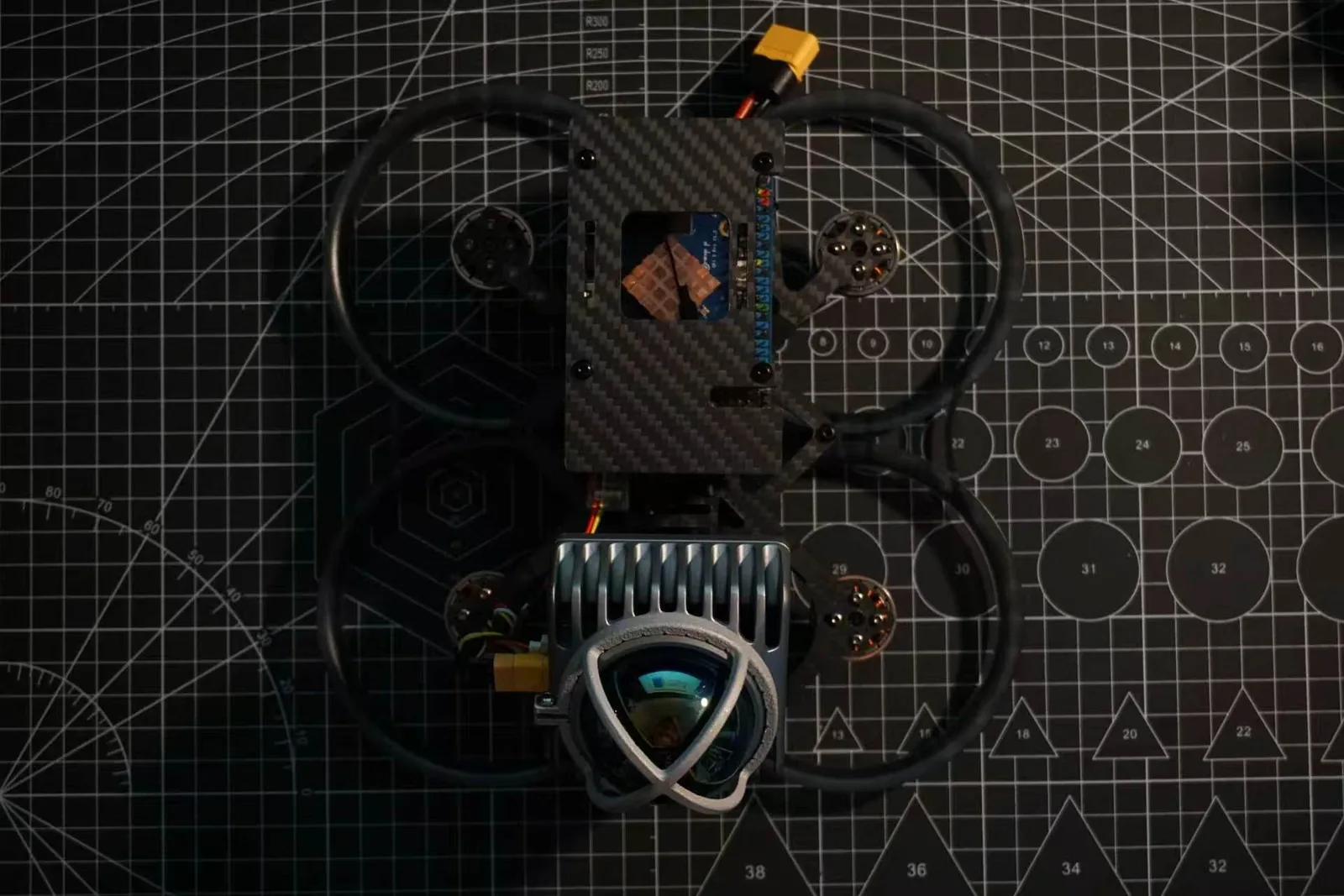 Top view of the UAV frame, electronics mount and four propeller guards